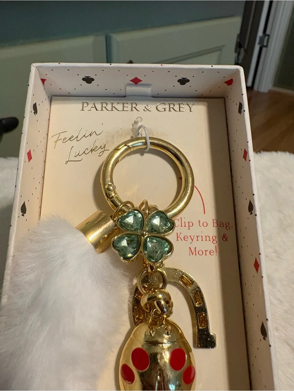 White Fur and Gold Ladybug Keychain Charm